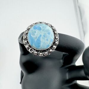 Vintage Larimar Beaded Sterling Silver Cabochon Ring Natural Round Gemstone 925